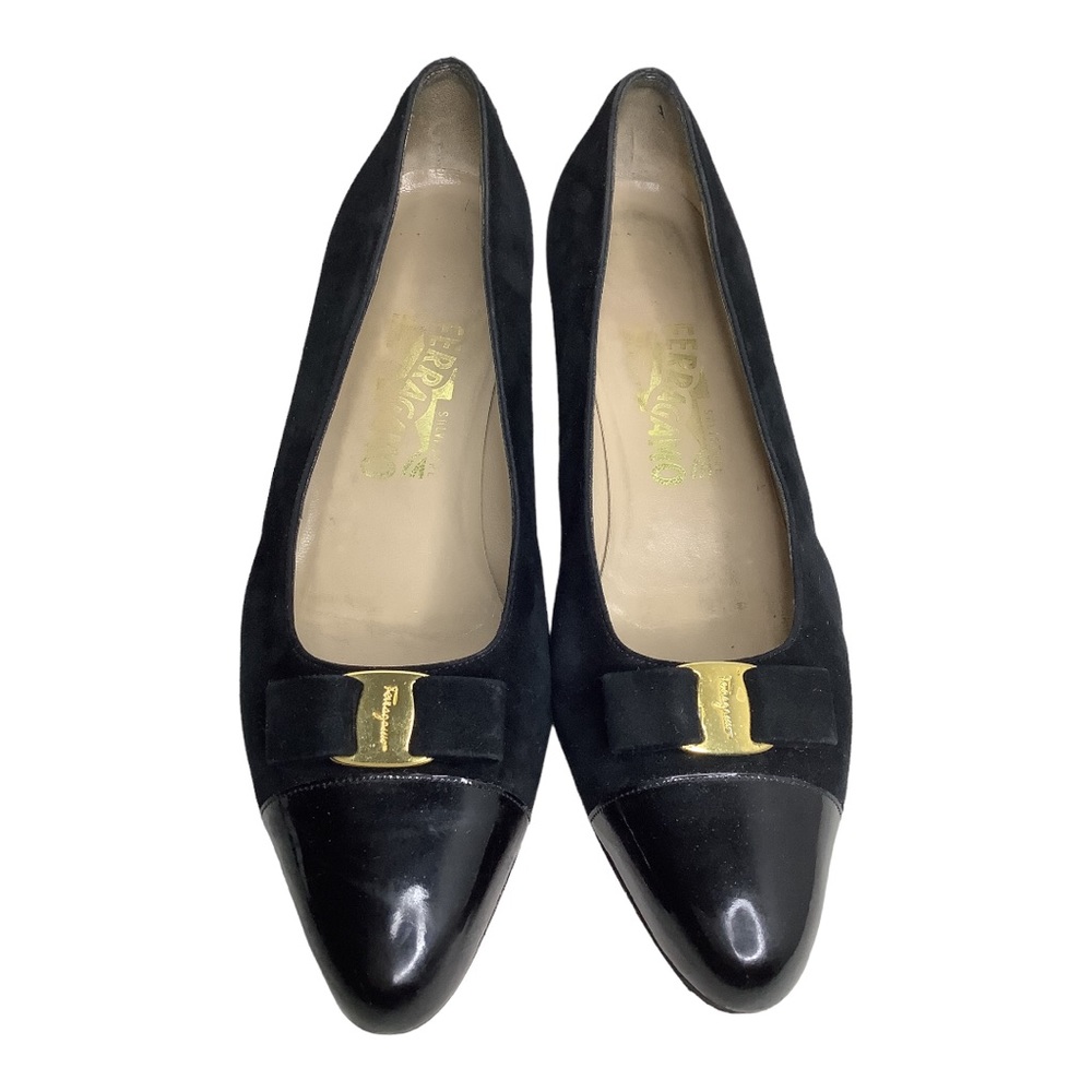FERRAGAMO Black Patent & Suede Wedge Flats 9.5AA